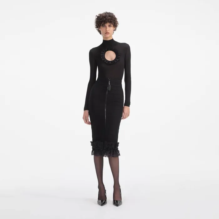 Self Portrait Knitwear Black Ruffle Knit Midi Skirt 8211 Women