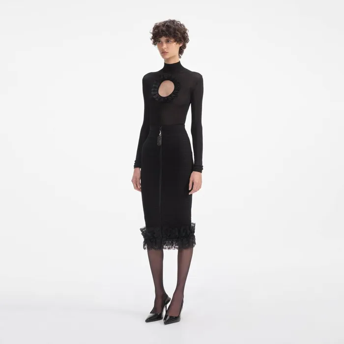 Self Portrait Knitwear Black Ruffle Knit Midi Skirt 8211 Women