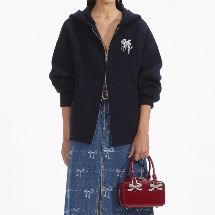 Self Portrait Outerwear Navy Knit Hoodie 8211 Women