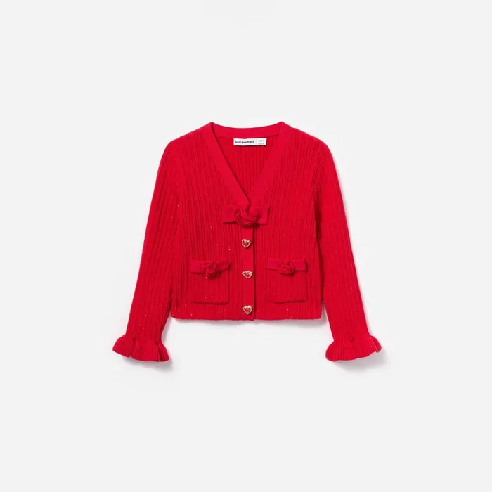 Self Portrait Red Ribbed Knit Cardigan 8211 Kids