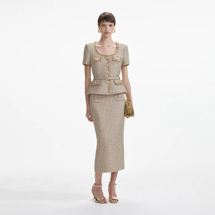 Self Portrait Tops Gold Boucle Peplum Top 8211 Women