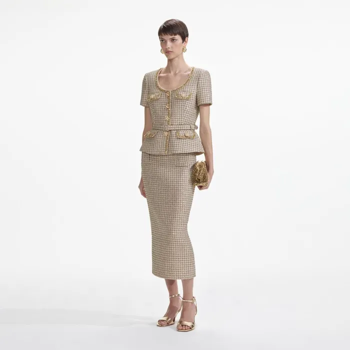 Self Portrait Tops Gold Boucle Peplum Top 8211 Women