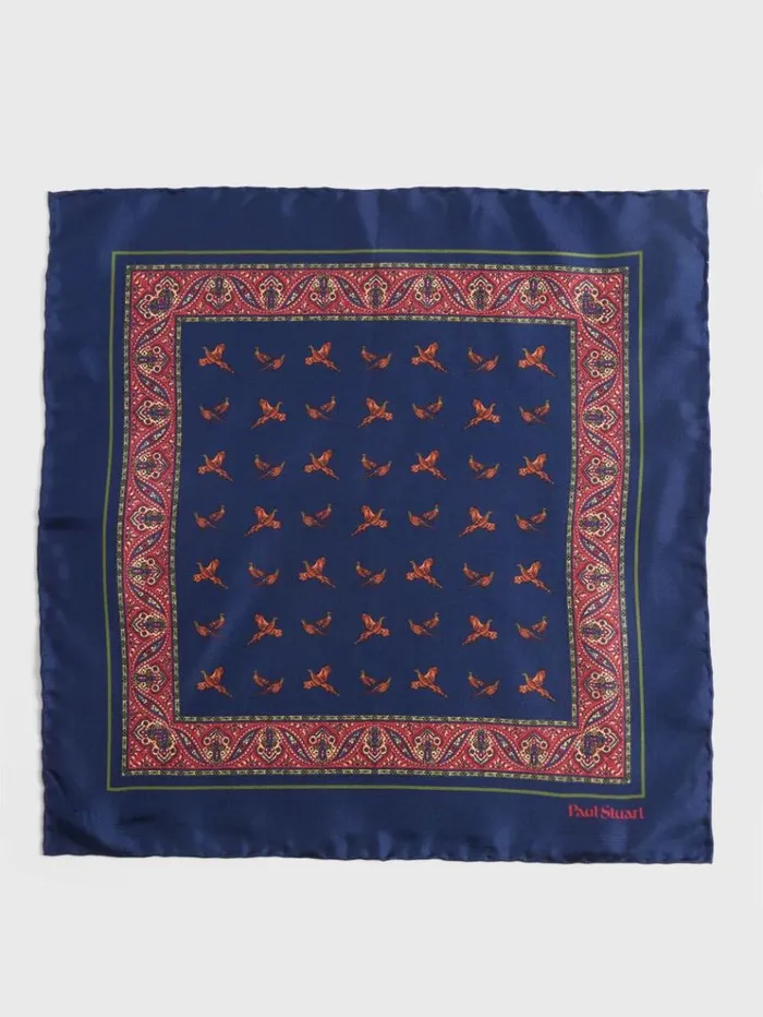 Silk Deco Stripe And Bird Print Pocket Square Navy Men Paul Stuart Pocket Squares