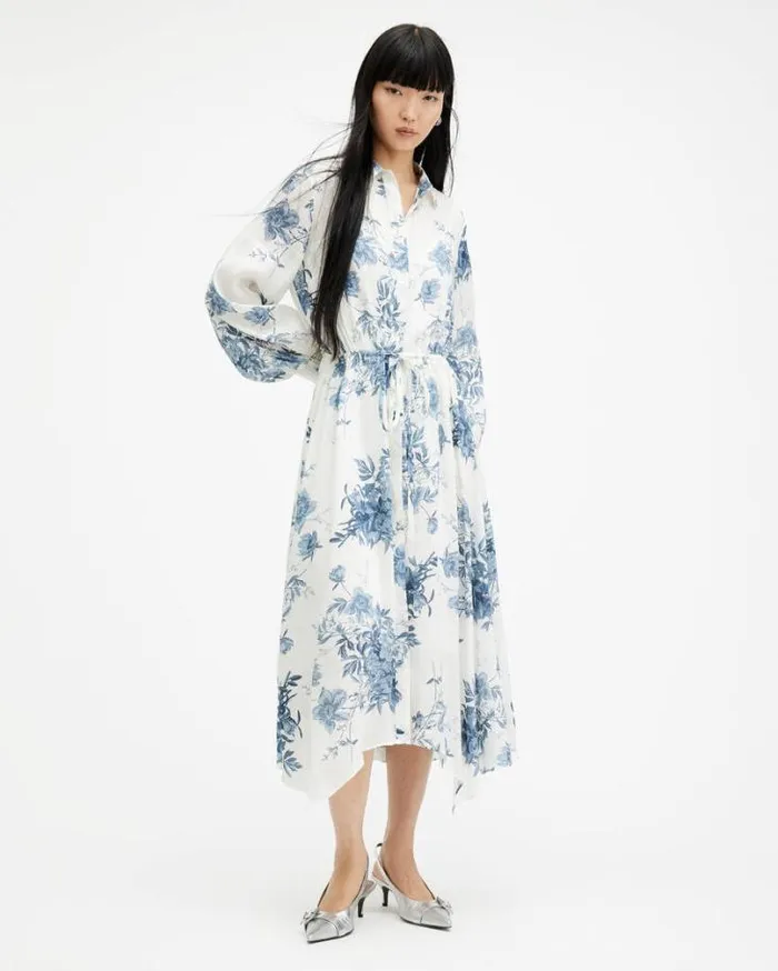 Skye Dekorah Silk Linen Maxi Dress Denim Blue Women AllSaints Dresses