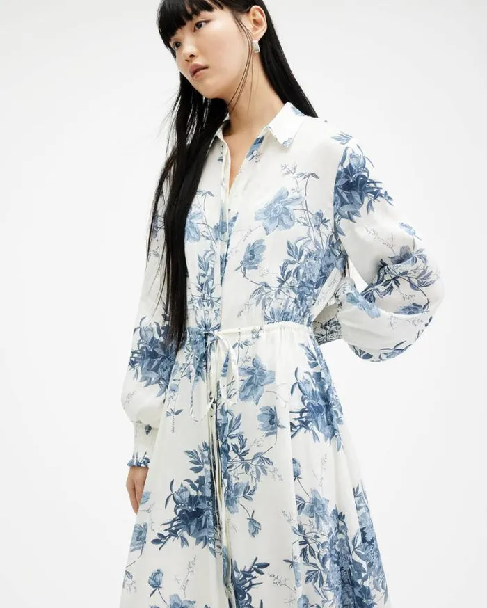 Skye Dekorah Silk Linen Maxi Dress Denim Blue Women AllSaints Dresses