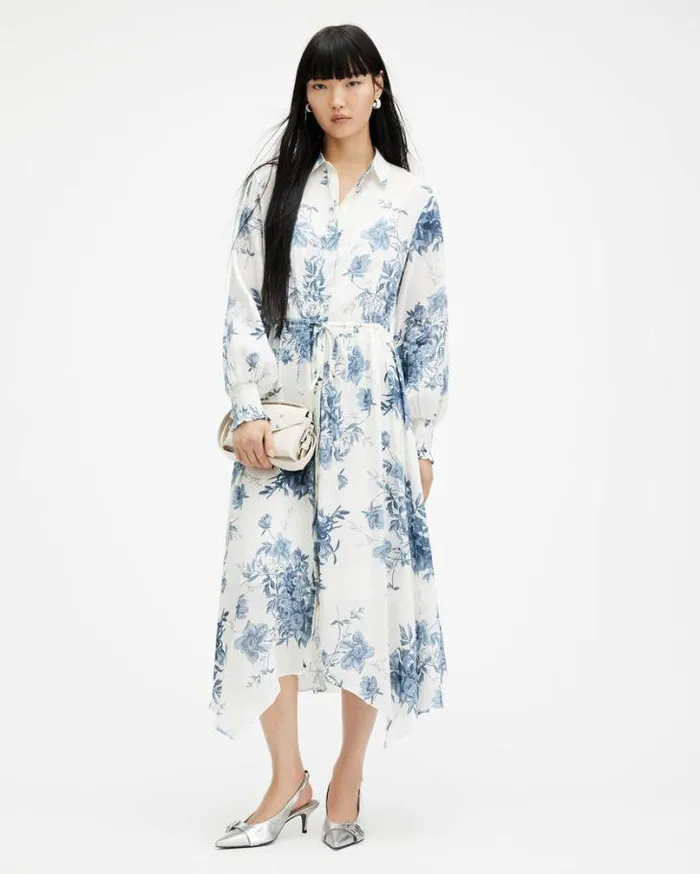 Skye Dekorah Silk Linen Maxi Dress Denim Blue Women AllSaints Dresses