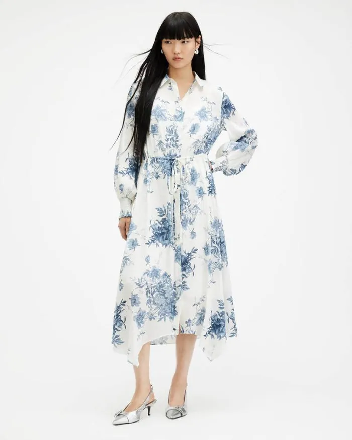 Skye Dekorah Silk Linen Maxi Dress Denim Blue Women AllSaints Dresses