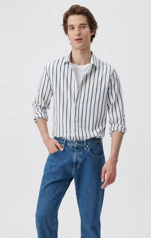 Striped ButtonUp Long Sleeve Shirt In Dark Denim White Stripe Men Mavi Jeans Shirts