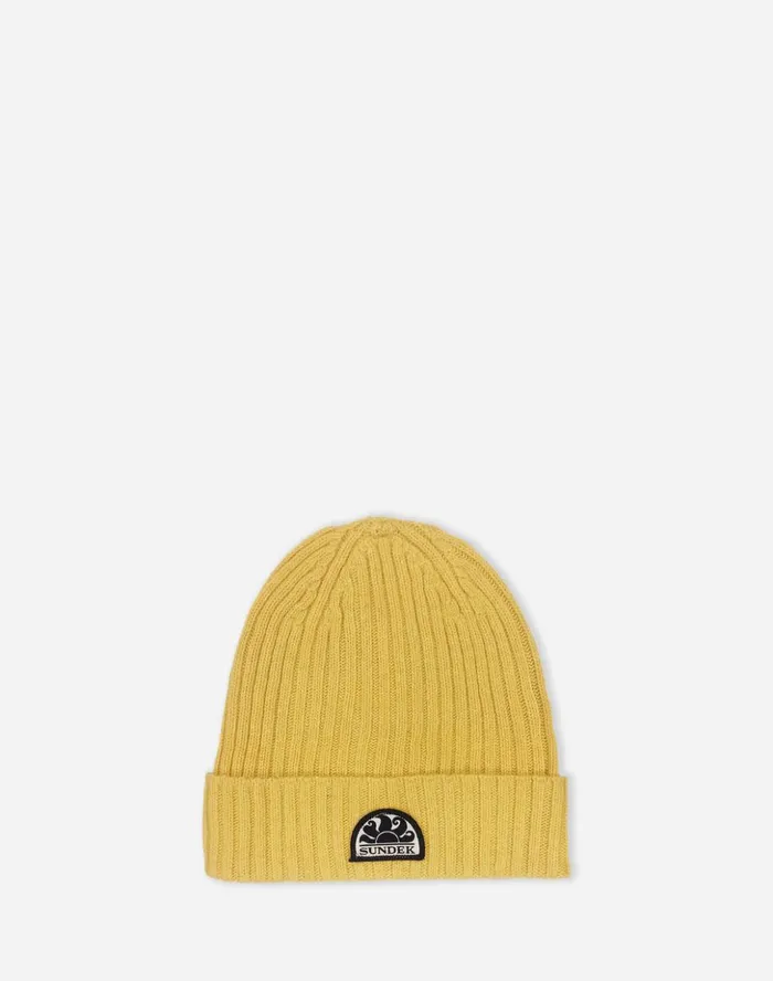 Sundek Beanie With Iconic Patch Yellow Cream Man Hats and Caps