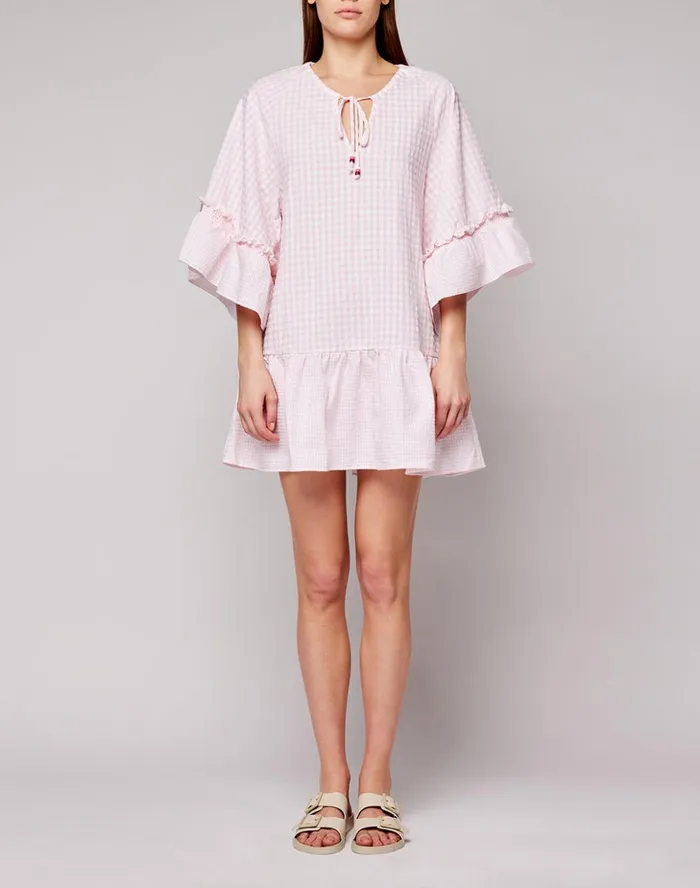 Sundek Vichy Cotton Shirt With Ruffled Sleeves Quartz Pink 01 Woman Dresses And Jumpsuits