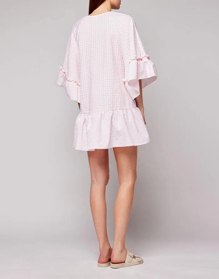 Sundek Vichy Cotton Shirt With Ruffled Sleeves Quartz Pink 01 Woman Dresses And Jumpsuits