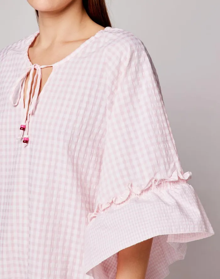 Sundek Vichy Cotton Shirt With Ruffled Sleeves Quartz Pink 01 Woman Dresses And Jumpsuits
