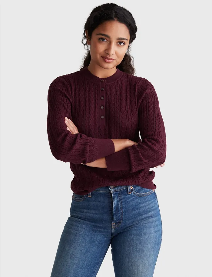 Sweaters and Sweatshirts Lucky Brand Women Cable Henley Crew Pullover Winetasting