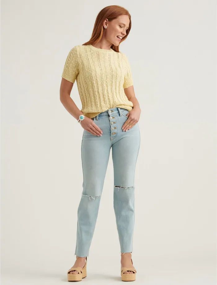 Sweaters and Sweatshirts Women Lightweight Short Sleeve Cable Sweater Double Cream Lucky Brand