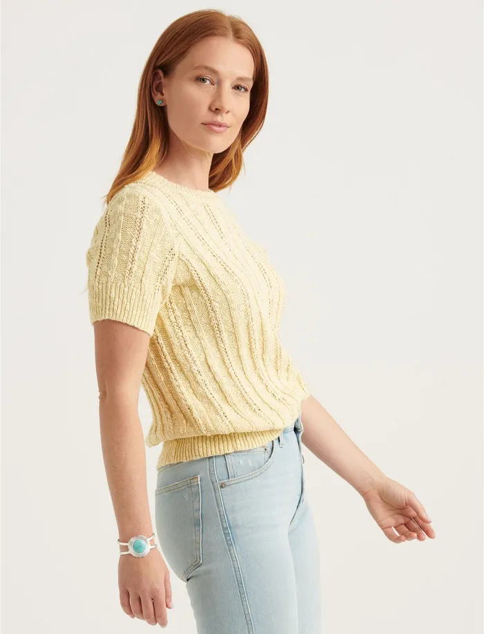 Sweaters and Sweatshirts Women Lightweight Short Sleeve Cable Sweater Double Cream Lucky Brand