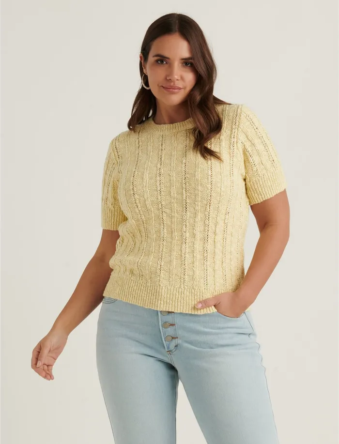 Sweaters and Sweatshirts Women Lightweight Short Sleeve Cable Sweater Double Cream Lucky Brand