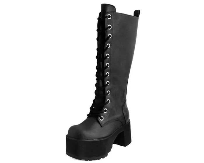 TUK Shoes Platforms Black Distressed KneeHigh Vegan Nosebleed Boots 8211 Women