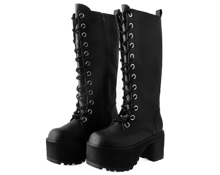 TUK Shoes Platforms Black Distressed KneeHigh Vegan Nosebleed Boots 8211 Women TUK Shoes Platforms Black Distressed KneeHigh Vegan Nosebleed Boots 8211 Women