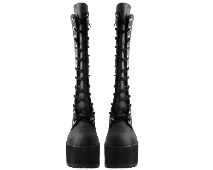 TUK Shoes Platforms Black Distressed KneeHigh Vegan Nosebleed Boots 8211 Women TUK Shoes Platforms Black Distressed KneeHigh Vegan Nosebleed Boots 8211 Women