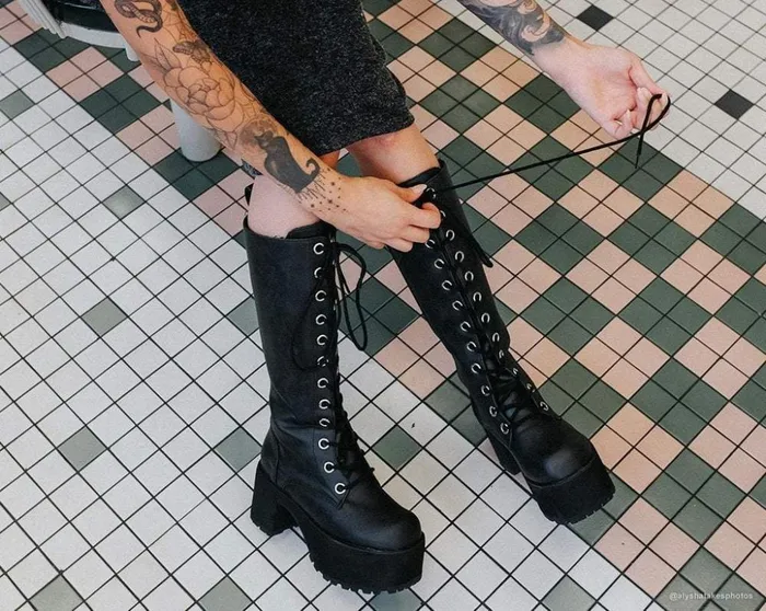 TUK Shoes Platforms Black Distressed KneeHigh Vegan Nosebleed Boots 8211 Women TUK Shoes Platforms Black Distressed KneeHigh Vegan Nosebleed Boots 8211 Women