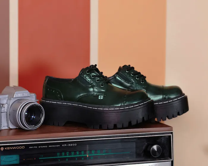 TUK Shoes Platforms Green RubOff Double Decker Brogue 8211 Women TUK Shoes Platforms Green RubOff Double Decker Brogue 8211 Women