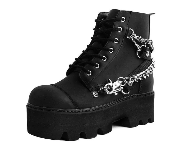 TUK Shoes Vegan Black Vegan 7Eye Chain and Strap Dino Lug Creeper Boot 8211 Women