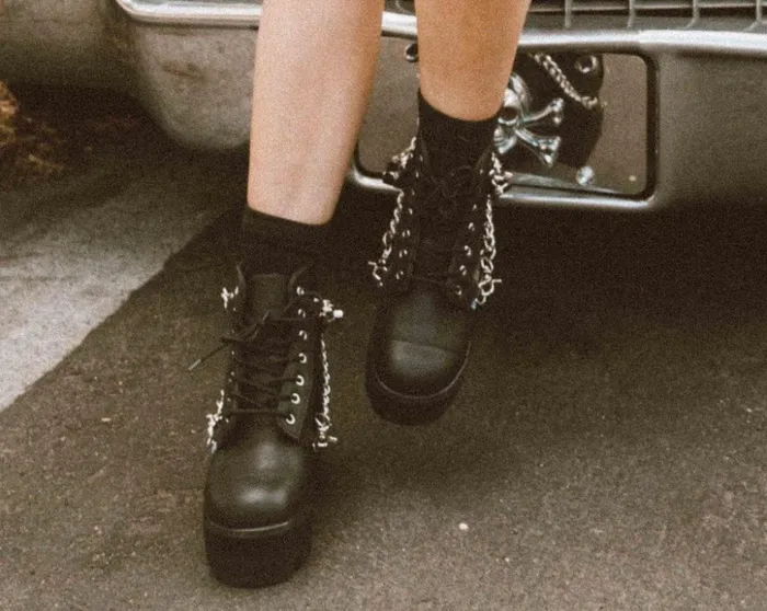 TUK Shoes Vegan Black Vegan 7Eye Chain and Strap Dino Lug Creeper Boot 8211 Women TUK Shoes Vegan Black Vegan 7Eye Chain and Strap Dino Lug Creeper Boot 8211 Women