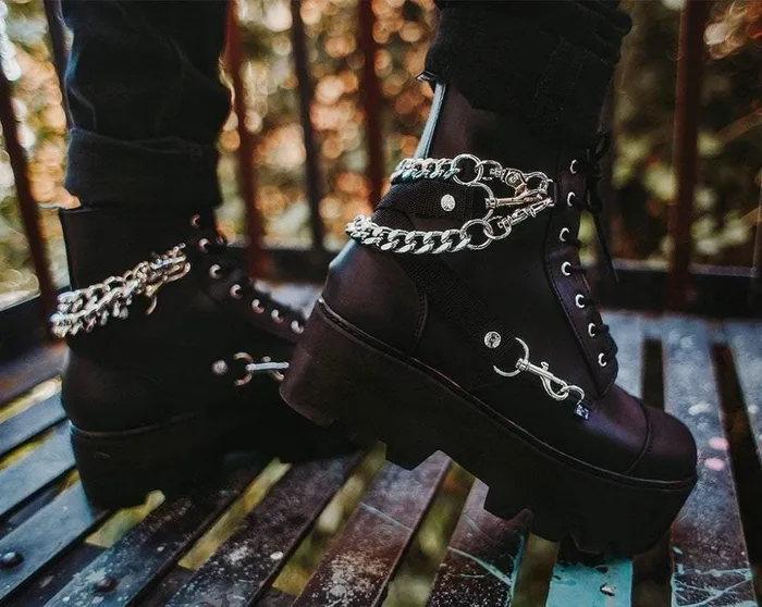 TUK Shoes Vegan Black Vegan 7Eye Chain and Strap Dino Lug Creeper Boot 8211 Women TUK Shoes Vegan Black Vegan 7Eye Chain and Strap Dino Lug Creeper Boot 8211 Women