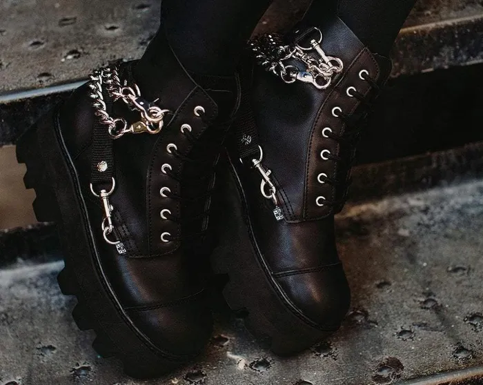 TUK Shoes Vegan Black Vegan 7Eye Chain and Strap Dino Lug Creeper Boot 8211 Women TUK Shoes Vegan Black Vegan 7Eye Chain and Strap Dino Lug Creeper Boot 8211 Women
