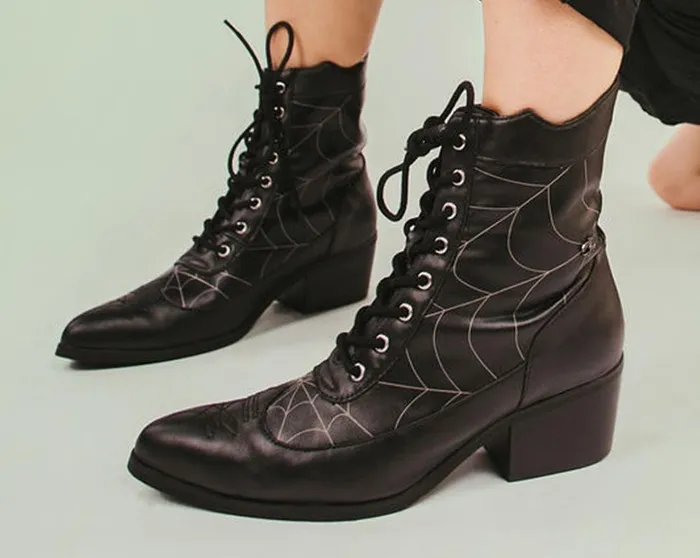 TUK Shoes Vegan Black Victorian 8Eye Spiderweb Pointed Anarchic Heel 8211 Women TUK Shoes Vegan Black Victorian 8Eye Spiderweb Pointed Anarchic Heel 8211 Women