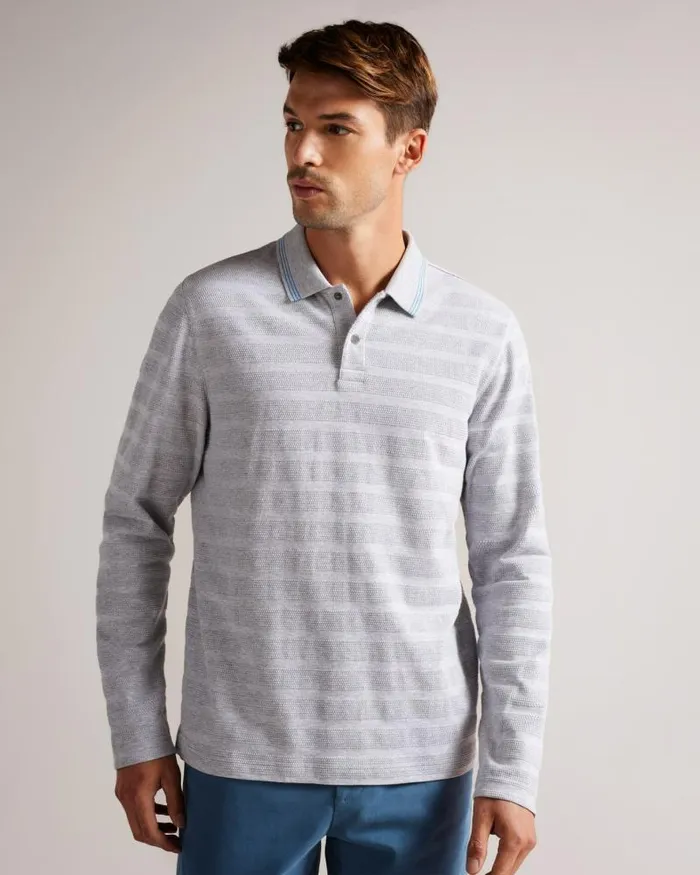 Ted Baker Polo Shirts PENINE 8211 Long Sleeve Textured Stripe Polo Shirt Greymarl 8211 Men Ted Baker Polo Shirts PENINE 8211 Long Sleeve Textured Stripe Polo Shirt Greymarl 8211 Men