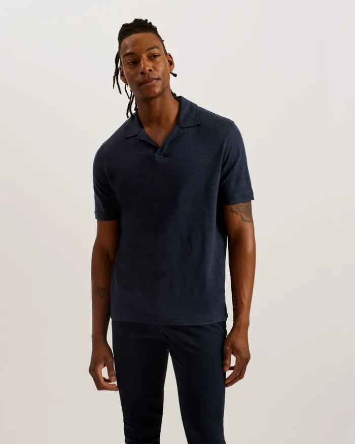 Ted Baker Tops FLINPO 8211 Linen Revere Collar Polo Shirt Navy 8211 Men Ted Baker Tops FLINPO 8211 Linen Revere Collar Polo Shirt Navy 8211 Men