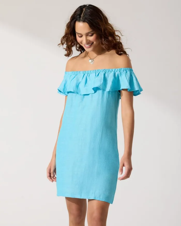 Tommy Bahama LinenBlend OfftheShoulder Coverup Dress Light Curacao Women Dresses