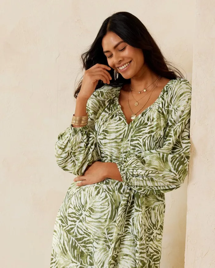 Tommy Bahama Monstera Mirage Maxi Dress Tea Leaf Women Dresses