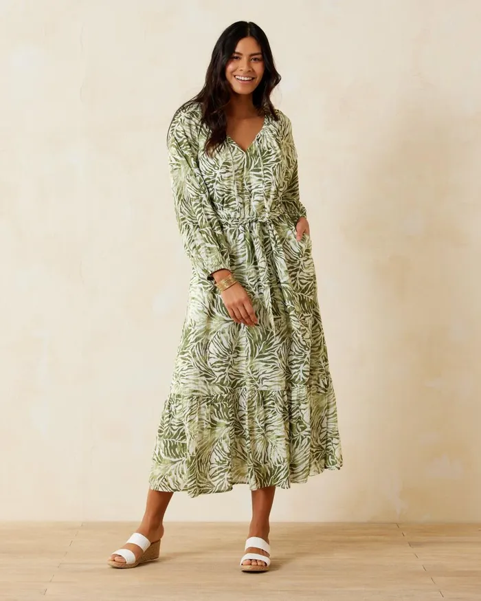 Tommy Bahama Monstera Mirage Maxi Dress Tea Leaf Women Dresses