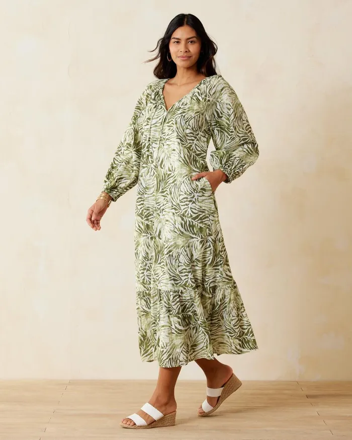 Tommy Bahama Monstera Mirage Maxi Dress Tea Leaf Women Dresses