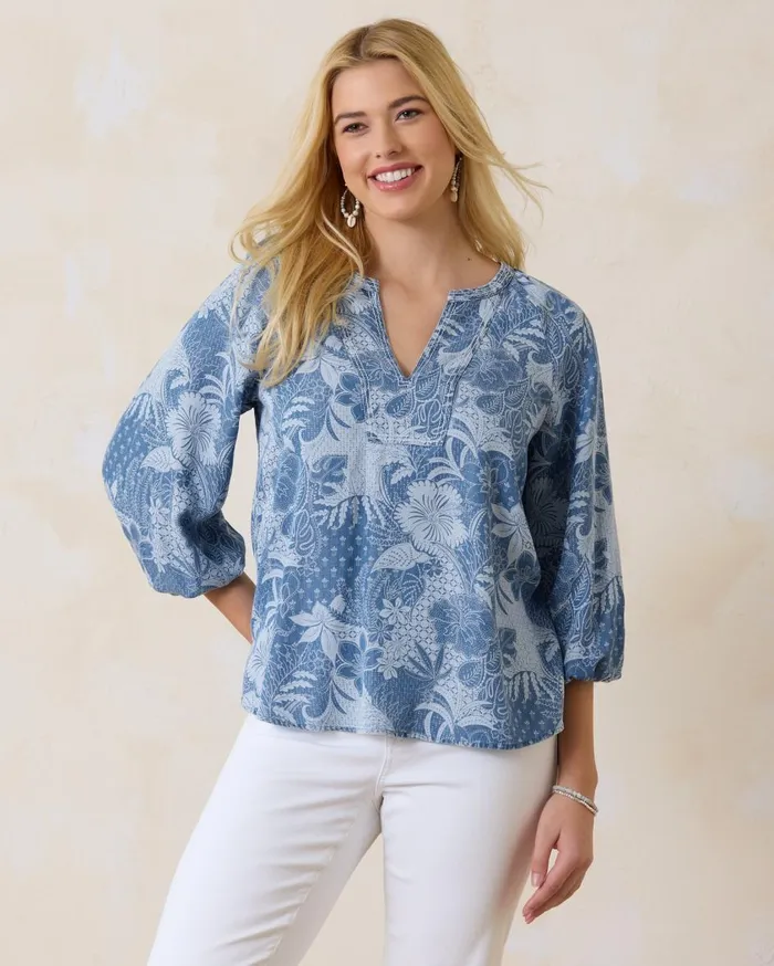 Tommy Bahama Secret Inlet 34Sleeve Top Med Marina Wash Women Tops and Shirts Tommy Bahama Secret Inlet 34Sleeve Top Med Marina Wash Women Tops and Shirts