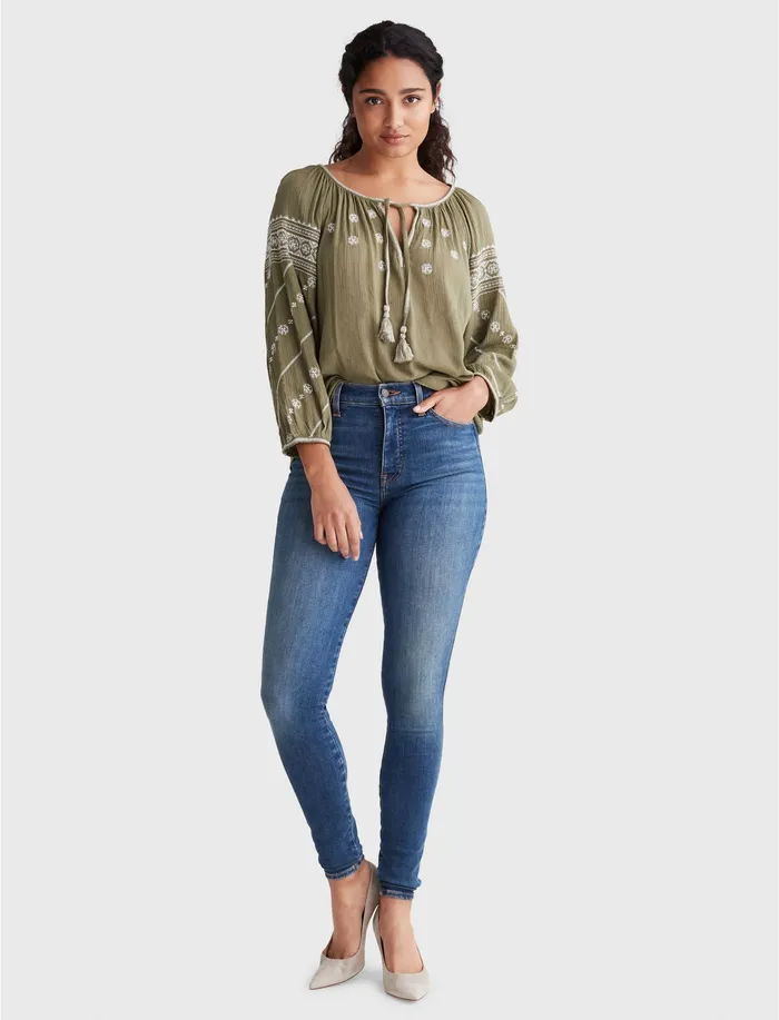 Tops Lucky Brand Women Embroidered Mixed Media Peasant Top Burnt Olive 180521 Tcx