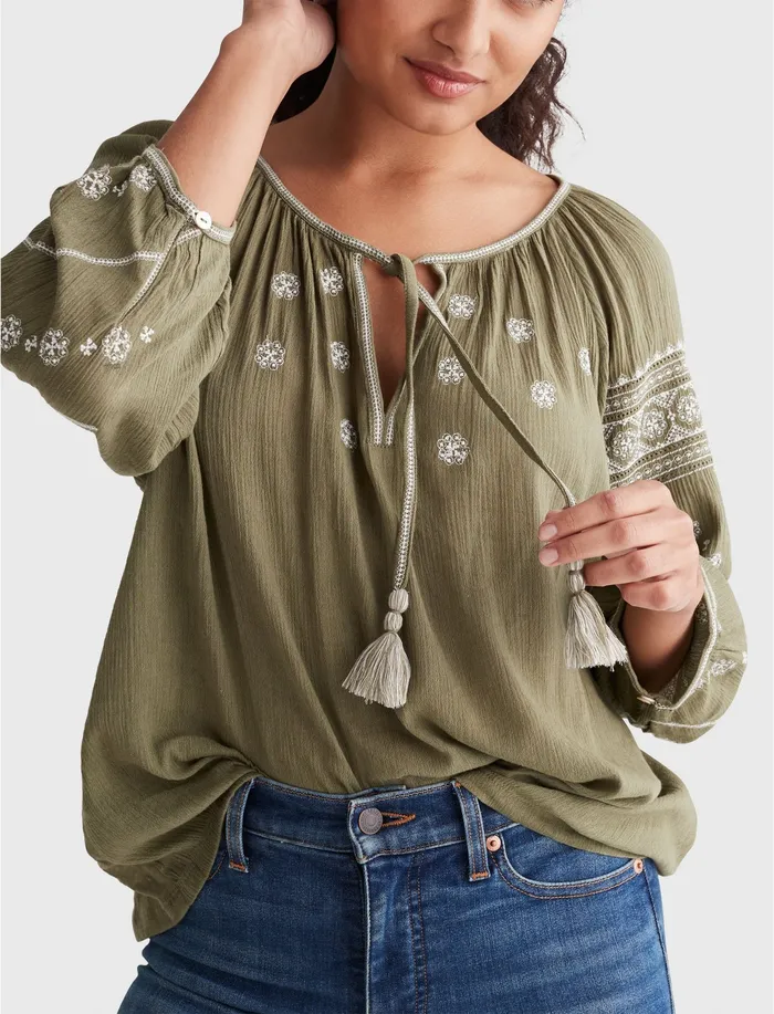 Tops Lucky Brand Women Embroidered Mixed Media Peasant Top Burnt Olive 180521 Tcx