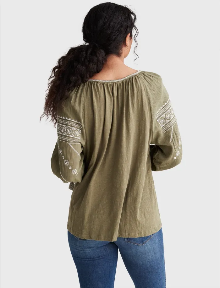 Tops Lucky Brand Women Embroidered Mixed Media Peasant Top Burnt Olive 180521 Tcx