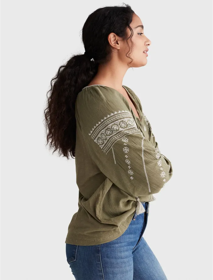 Tops Lucky Brand Women Embroidered Mixed Media Peasant Top Burnt Olive 180521 Tcx