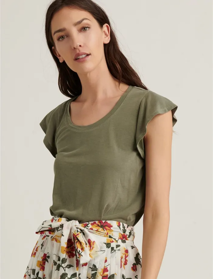 Tops Women Lucky Brand Ruffle Sleeve Sandwash Top Olive
