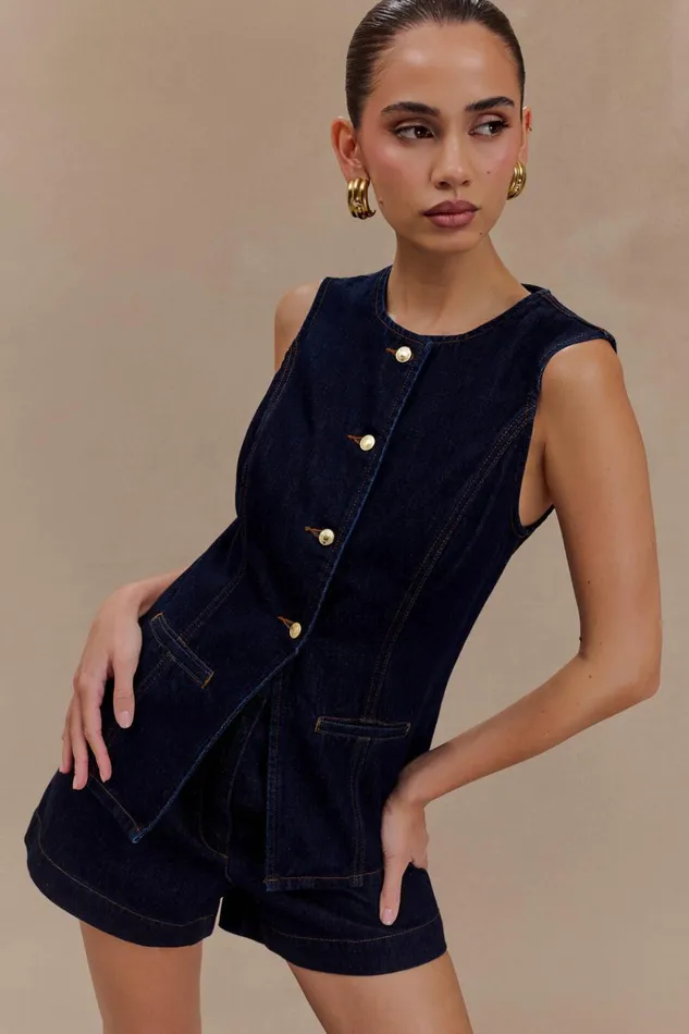 Tops Women Meshki Abel Denim Button Up Top 8211 Indigo Blue