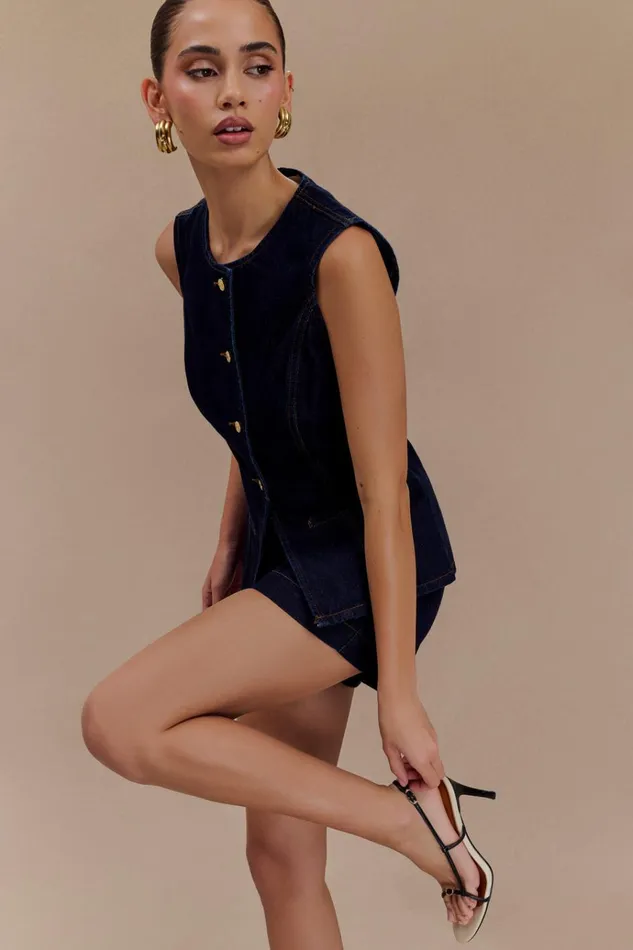 Tops Women Meshki Abel Denim Button Up Top 8211 Indigo Blue
