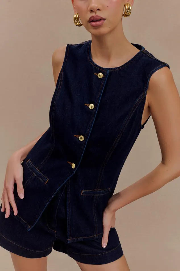 Tops Women Meshki Abel Denim Button Up Top 8211 Indigo Blue