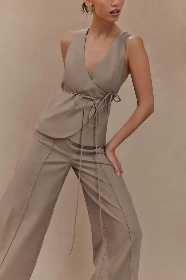 Tops Women Meshki Brandi Linen Sleeveless Wrap Top 8211 Pebble
