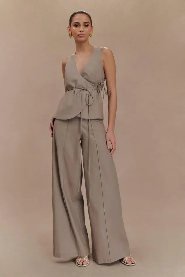 Tops Women Meshki Brandi Linen Sleeveless Wrap Top 8211 Pebble