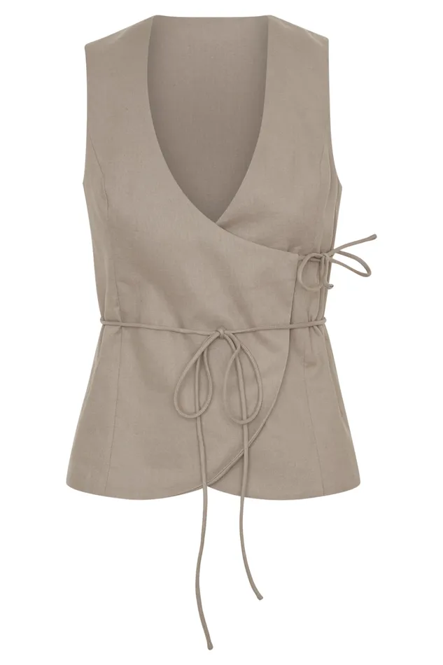 Tops Women Meshki Brandi Linen Sleeveless Wrap Top 8211 Pebble