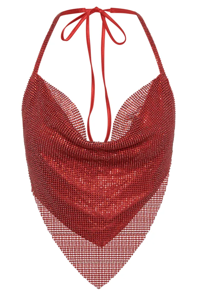 Tops Women Meshki Daphne Diamante Cowl Neck Halter Top 8211 Red Tops Women Meshki Daphne Diamante Cowl Neck Halter Top 8211 Red