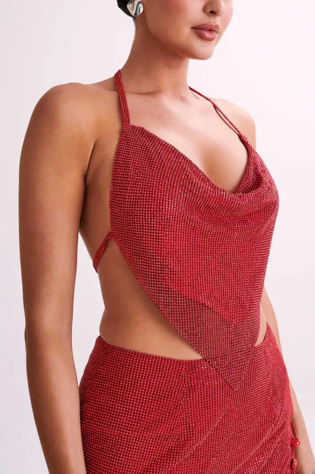 Tops Women Meshki Daphne Diamante Cowl Neck Halter Top 8211 Red Tops Women Meshki Daphne Diamante Cowl Neck Halter Top 8211 Red